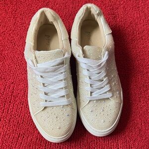 Betsey Johnson Cream Pearl & Crystal Embellished Sneakers